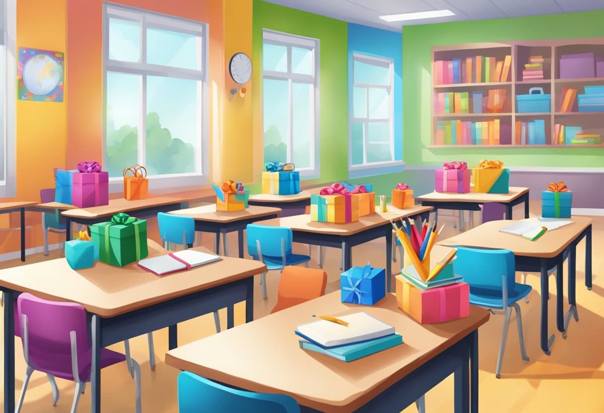 Teachers place wrapped gifts on student desks in a colorful classroom at the end of the school year