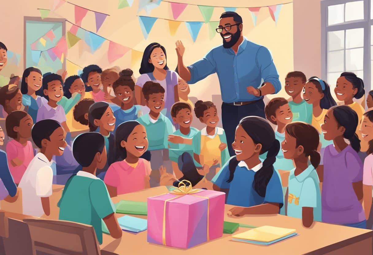 Students eagerly gather around a teacher receiving end-of-year gifts. Smiles and excitement fill the air as the teacher expresses gratitude