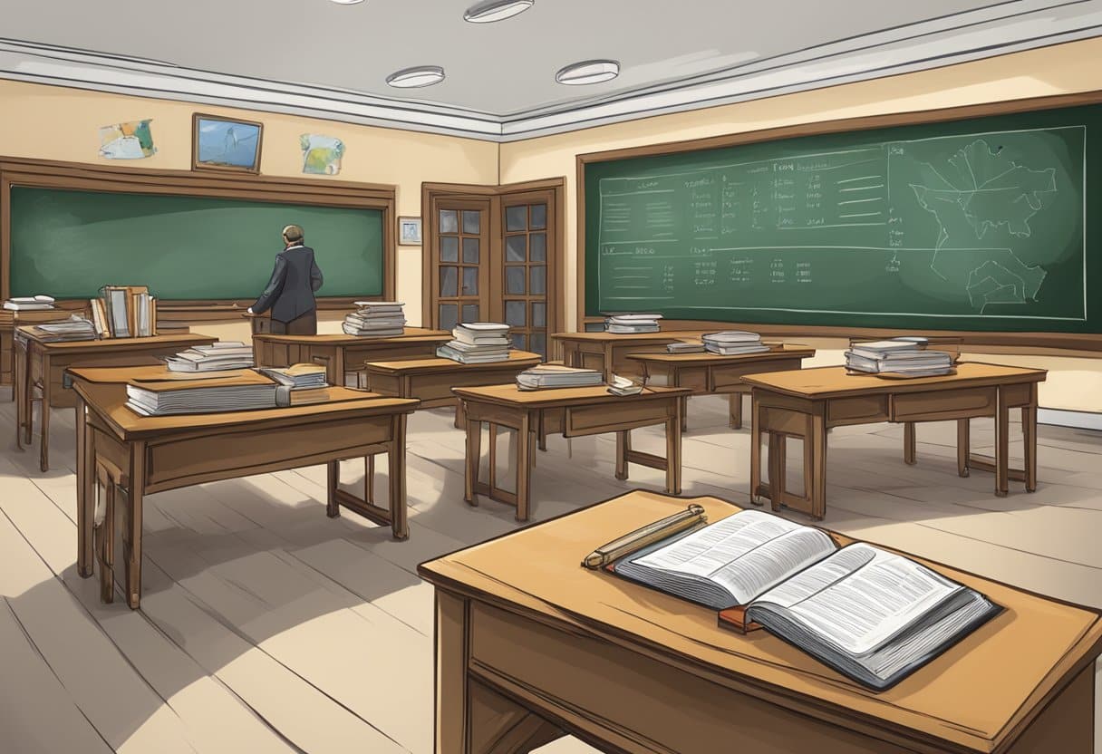 A classroom with a chalkboard listing the top 10 historical figures. Books and educational materials scattered on desks