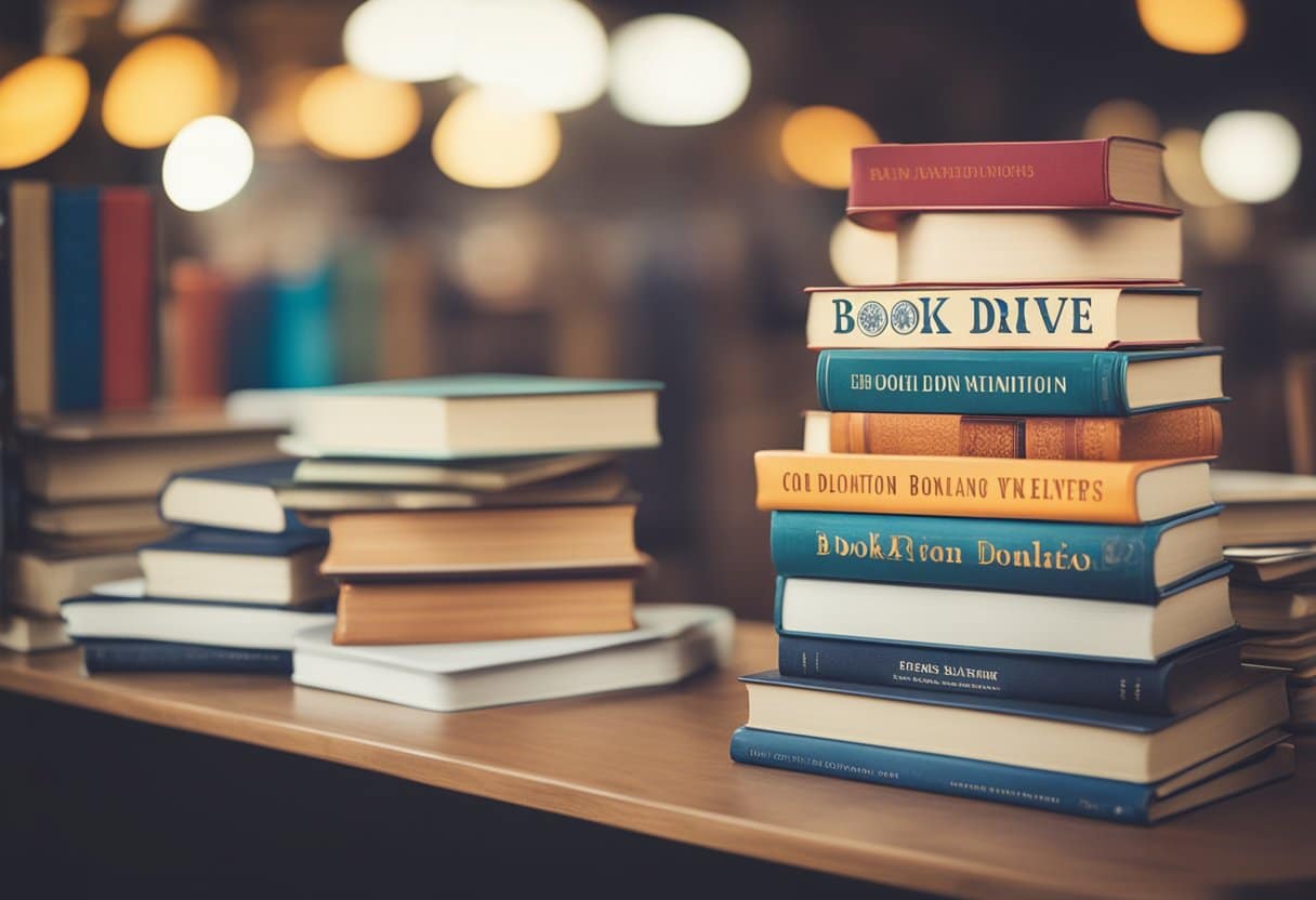 A stack of colorful books sits on a table with a sign reading "Book Donation Drive" surrounded by eager readers