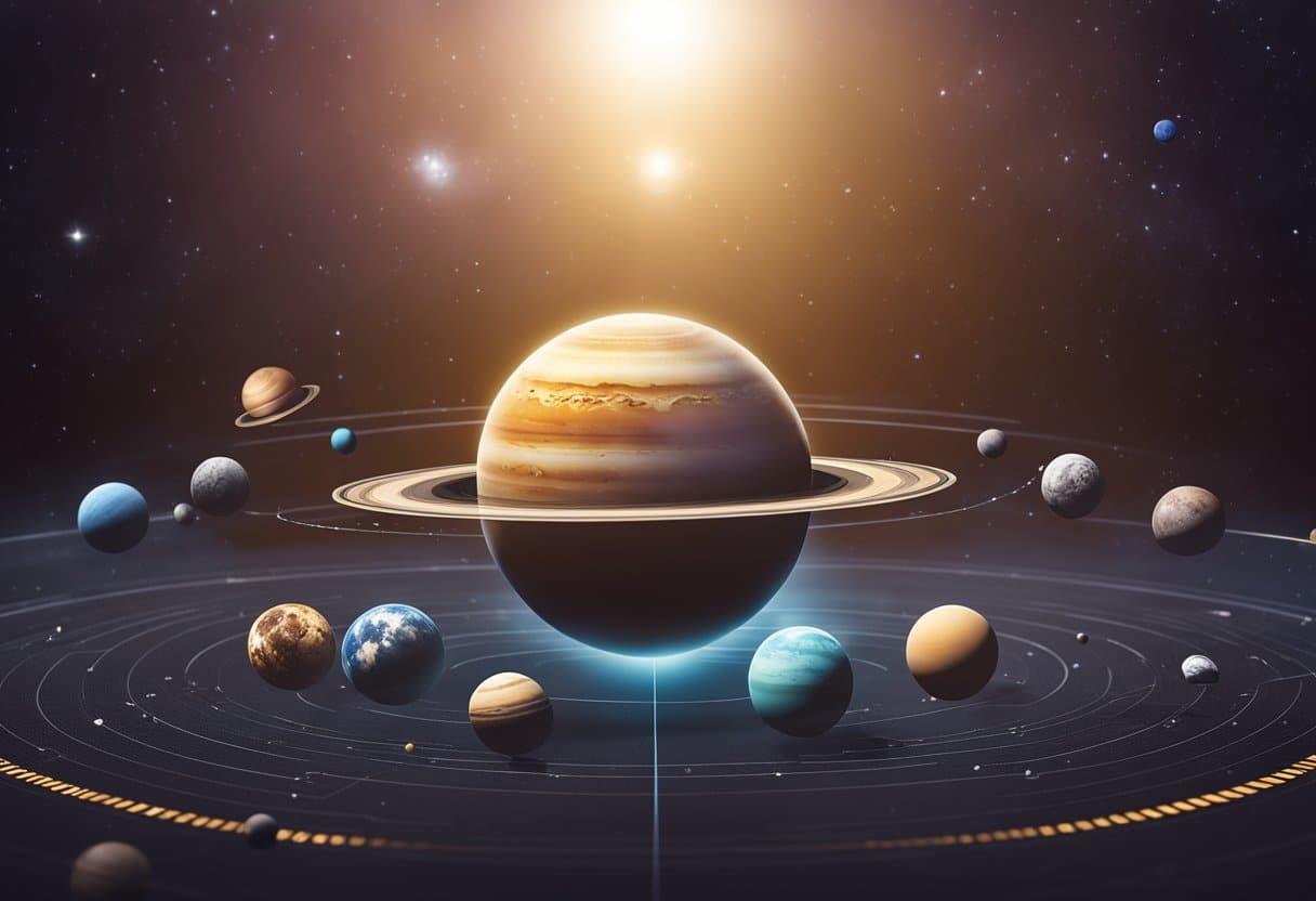 The solar system with colorful planets orbiting around the sun, each with unique features and sizes. A child-friendly visual representation of the solar system, with labels and fun facts for educational purposes