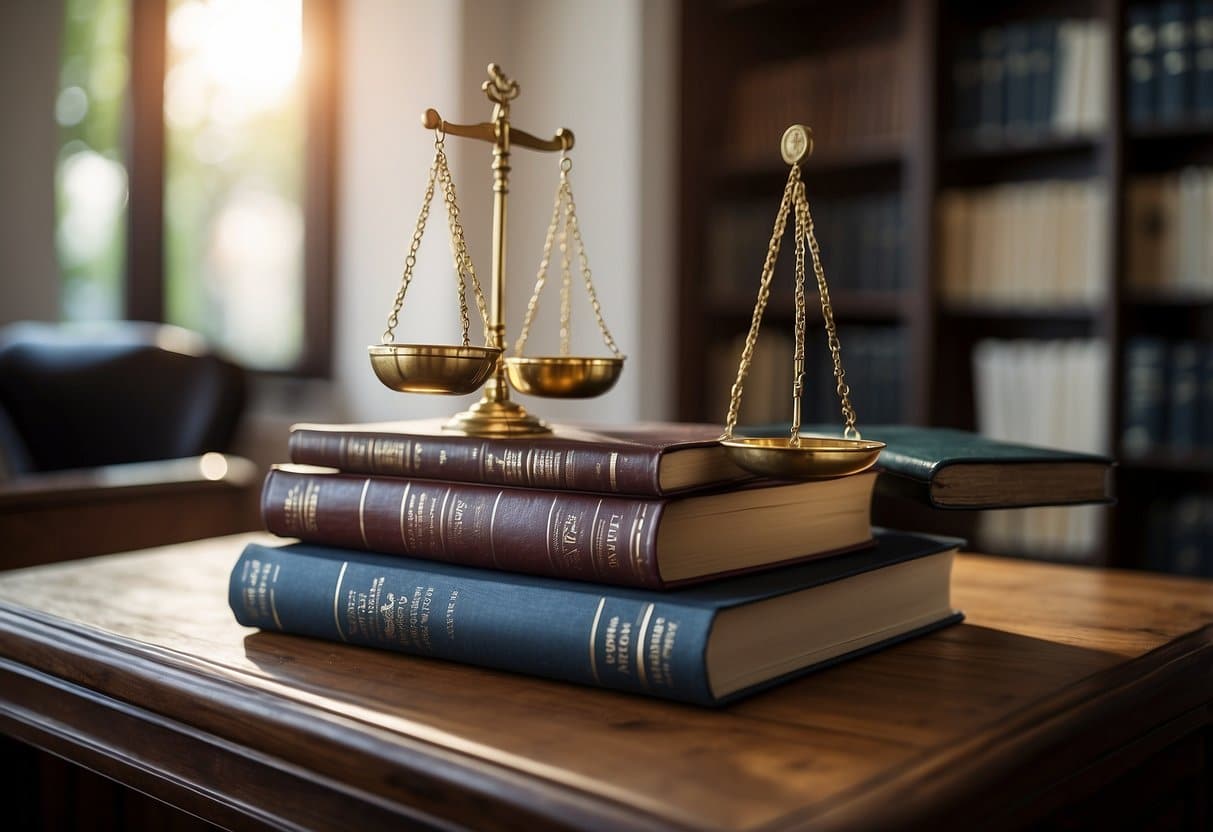A stack of law books, a gavel, and a scale of justice on a wooden desk in a well-lit office. A laptop displaying legal research and a diploma hanging on the wall