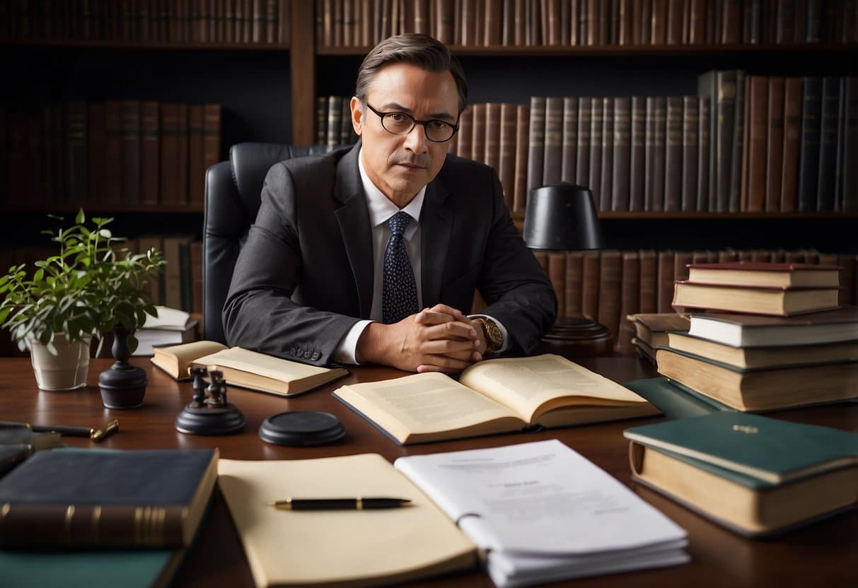 A person sitting at a desk, surrounded by legal research tools such as law books, computer, and notepads. They are focused and engaged in their work, displaying a sense of determination and concentration
