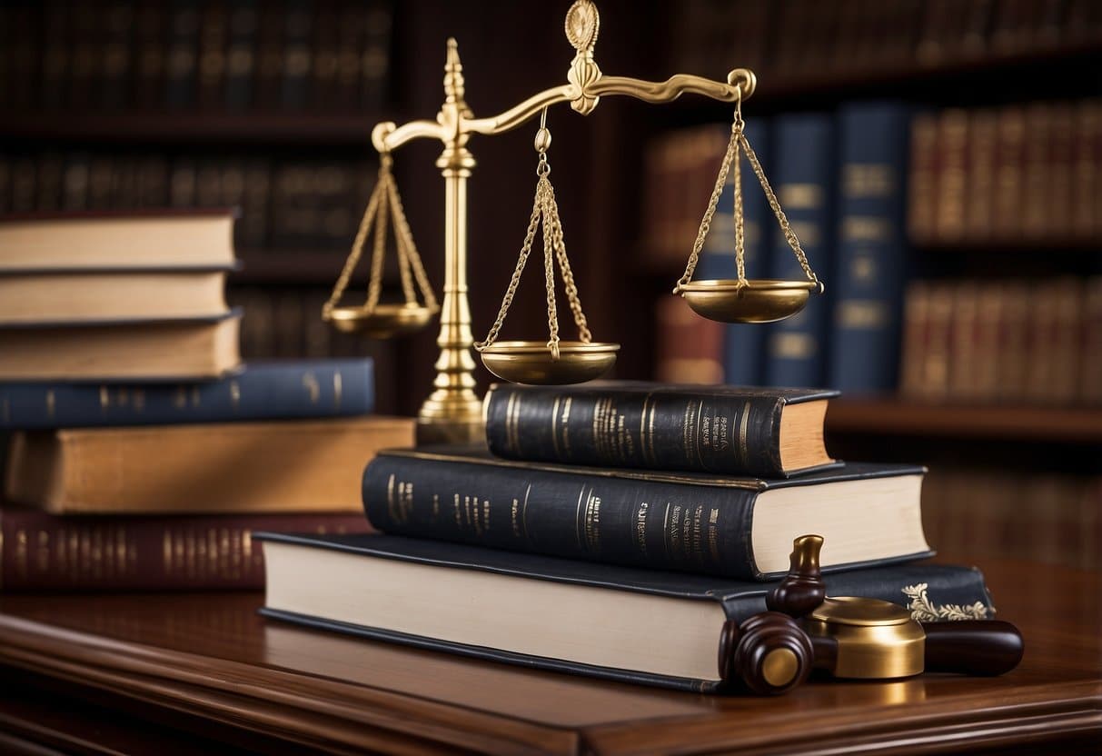 A stack of law books sits on a desk, surrounded by legal documents and a laptop. A gavel and scales of justice are displayed prominently