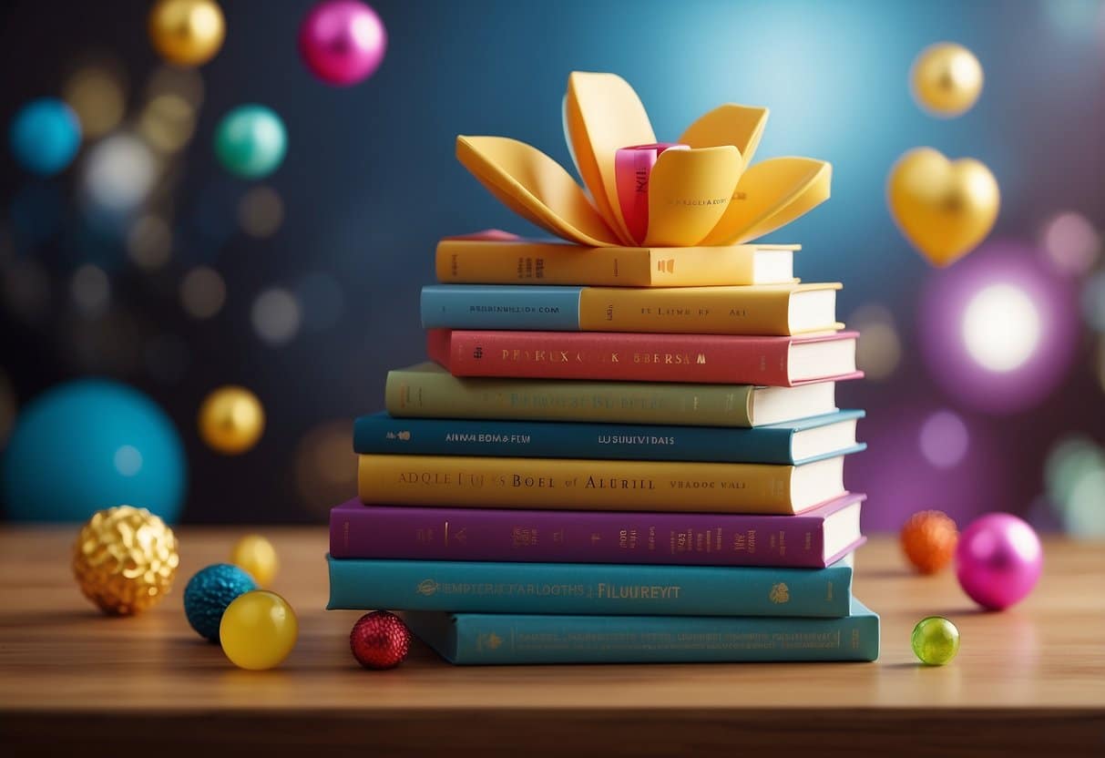 Colorful stack of 10 books with simple, engaging illustrations. Bright background with toys scattered around