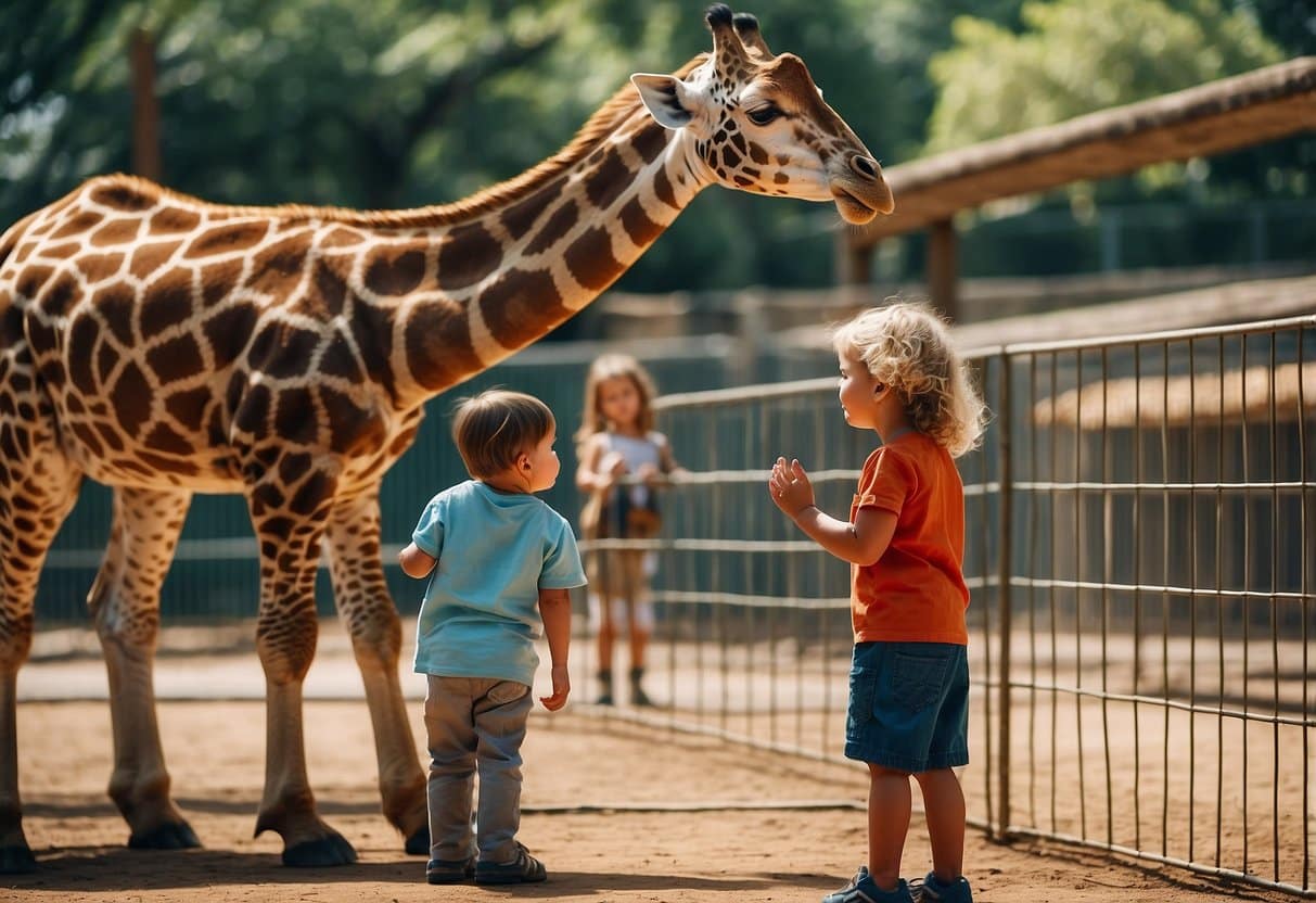 A colorful zoo with various animals in cages and open enclosures. A friendly zookeeper feeds a giraffe while children watch in awe