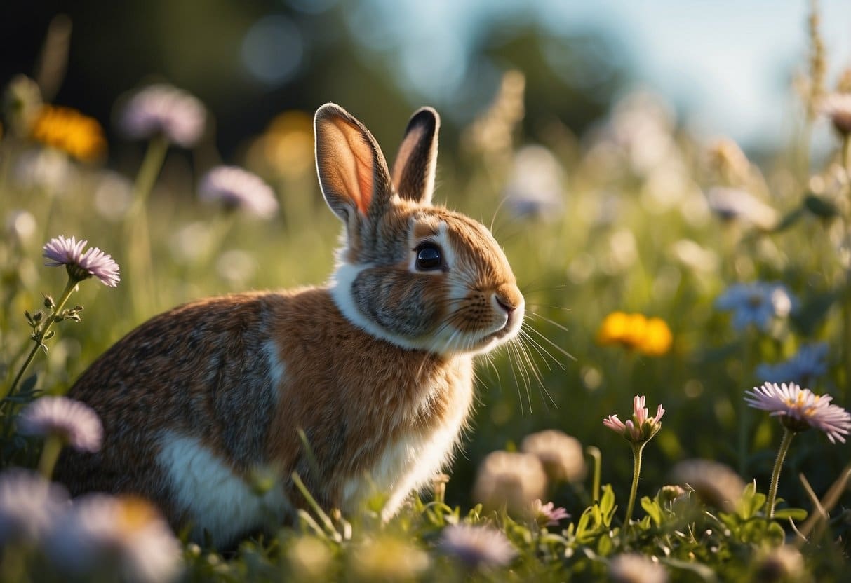 A bunny sits in a grassy field, surrounded by colorful flowers. A butterfly flutters nearby, and the sun shines brightly in the clear blue sky