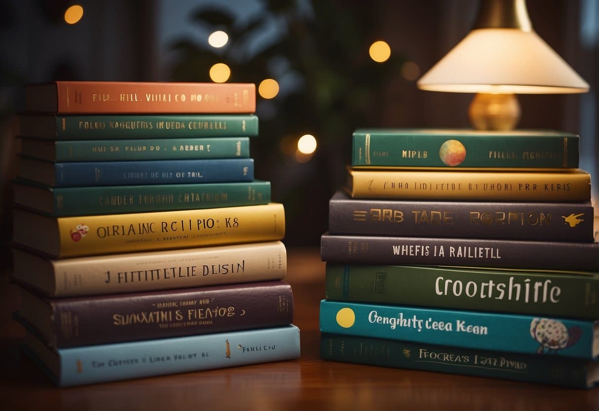 Colorful stack of 10 books with titles like "The Very Hungry Caterpillar" and "Goodnight Moon" on a cozy, sunlit reading nook