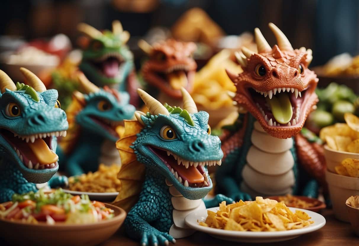A group of colorful dragons gather around a table piled high with tacos. They are smiling and eagerly reaching for the delicious food