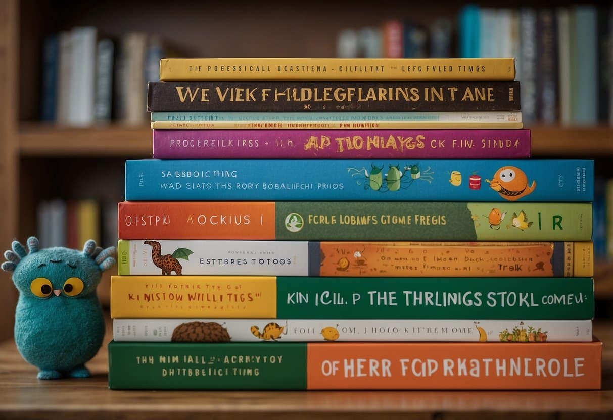 A colorful stack of top 10 books for 4-year-olds sits on a shelf, with titles like "The Very Hungry Caterpillar" and "Where the Wild Things Are"
