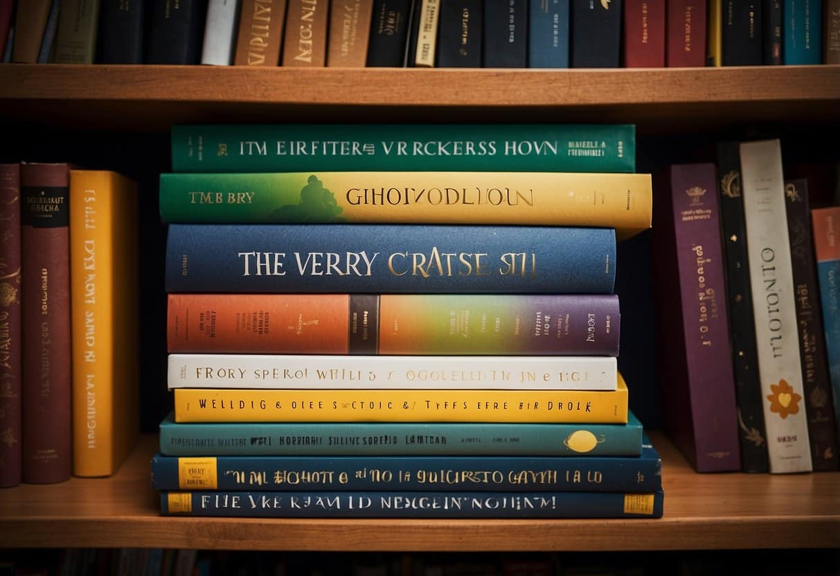 A colorful stack of 10 books sits on a cozy reading nook, with titles like "The Very Hungry Caterpillar" and "Goodnight Moon" visible