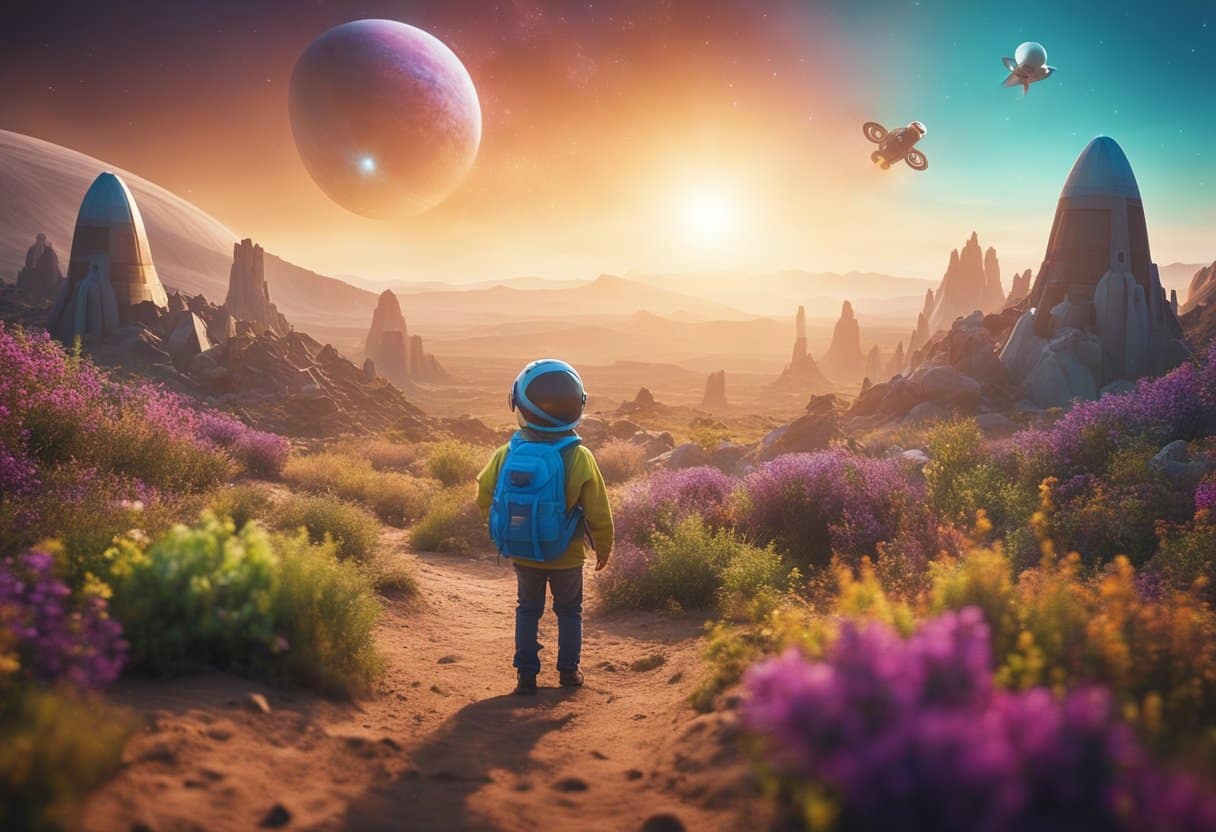 Children explore a colorful, alien landscape, searching for hidden planet-themed objects. A rocket ship hovers in the sky as they eagerly hunt for clues