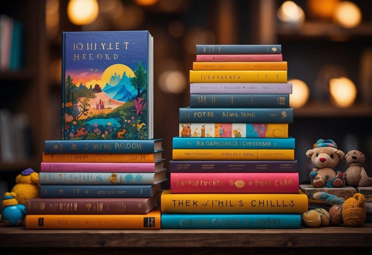 Colorful stack of 10 books with vibrant illustrations and large text, surrounded by toys and a cozy reading nook