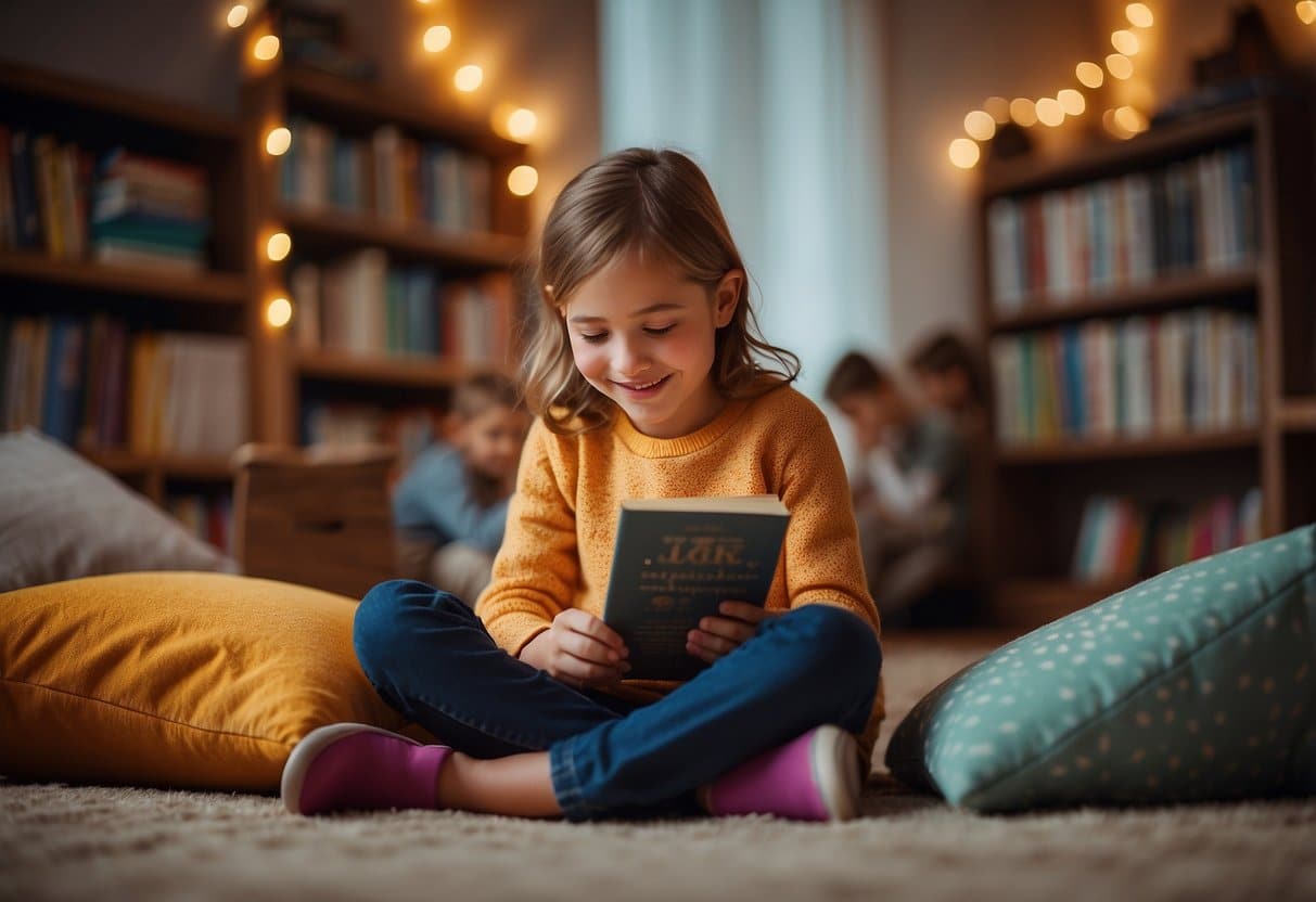 A colorful stack of top 10 books for 5-year-olds surrounded by happy, engaged children. A cozy reading nook with soft pillows and warm lighting sets the scene for a joyful and educational experience
