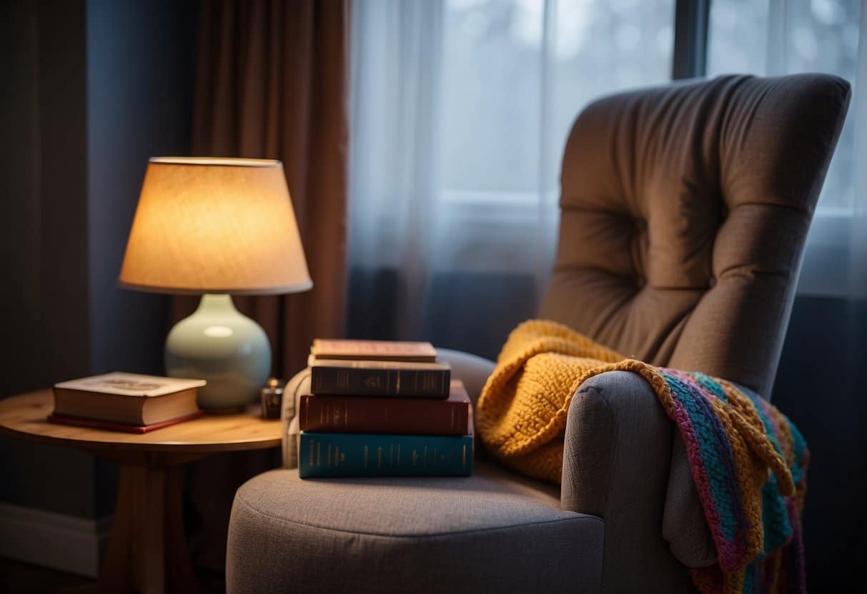 A cozy armchair with a stack of colorful books beside it, a soft blanket draped over the armrest, and a warm reading light casting a gentle glow