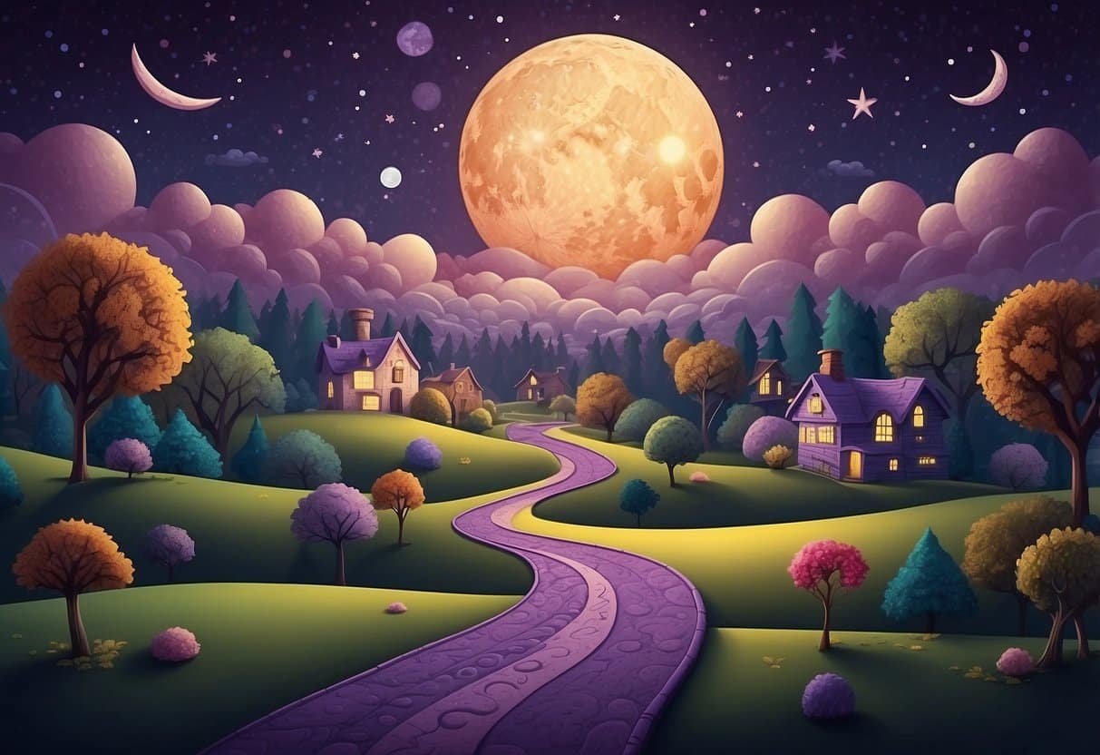 A purple crayon draws a winding path through a colorful and imaginative world, with trees, houses, and a moonlit sky