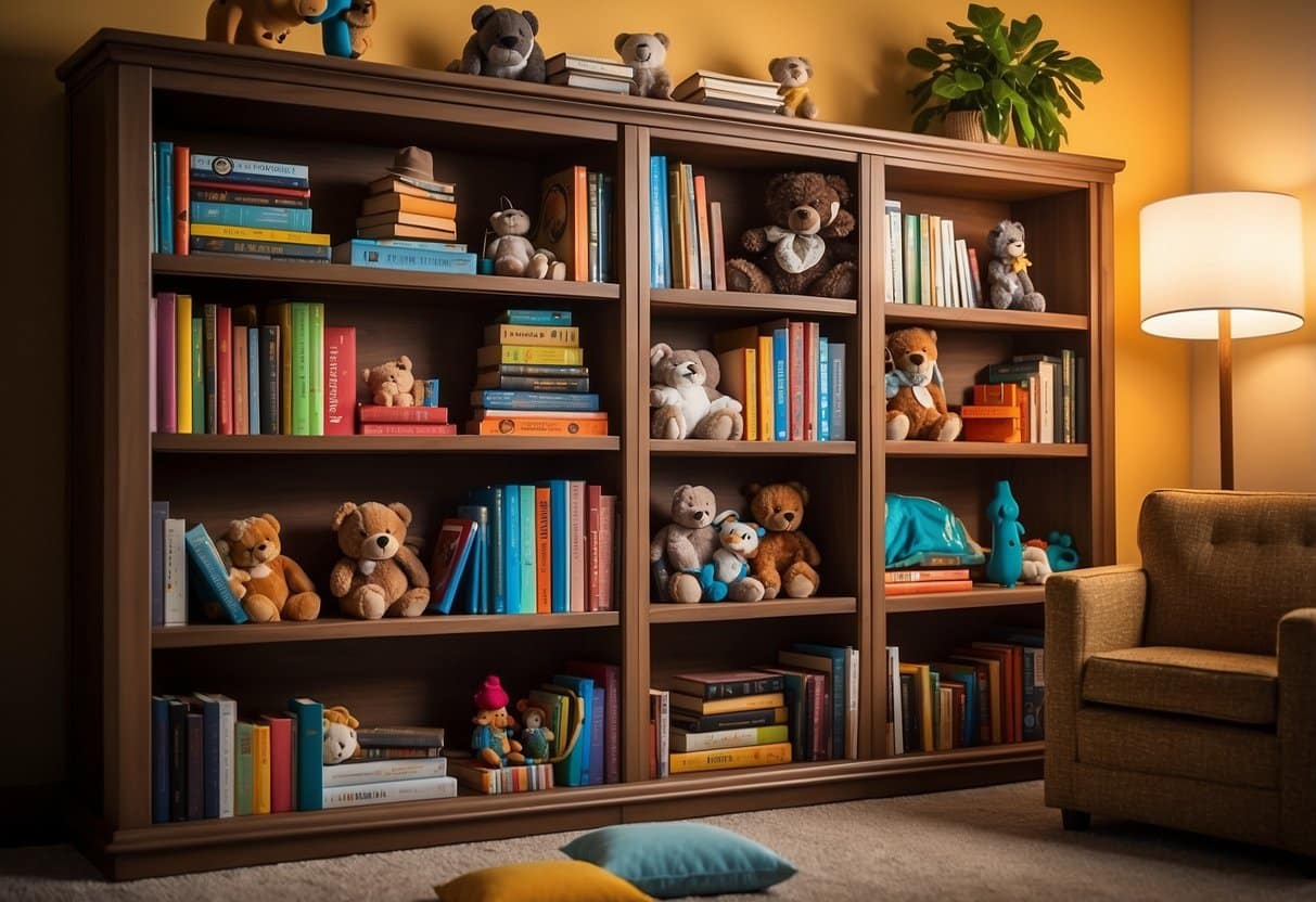 A colorful bookshelf with 10 vibrant books, each with playful illustrations and engaging titles, surrounded by toys and a cozy reading nook