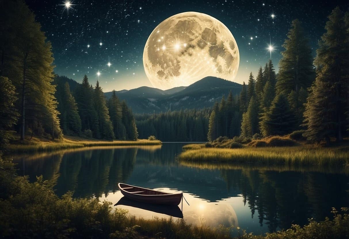 A forest clearing with a boat and a group of wild creatures dancing and playing, surrounded by tall trees and a starry night sky