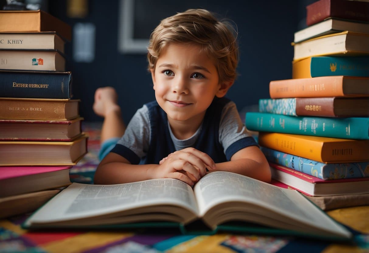 A 6-year-old sits cross-legged, engrossed in a book. The colorful illustrations and captivating stories spark joy and curiosity in their eyes. A pile of top 10 books for 6-year-olds sits nearby