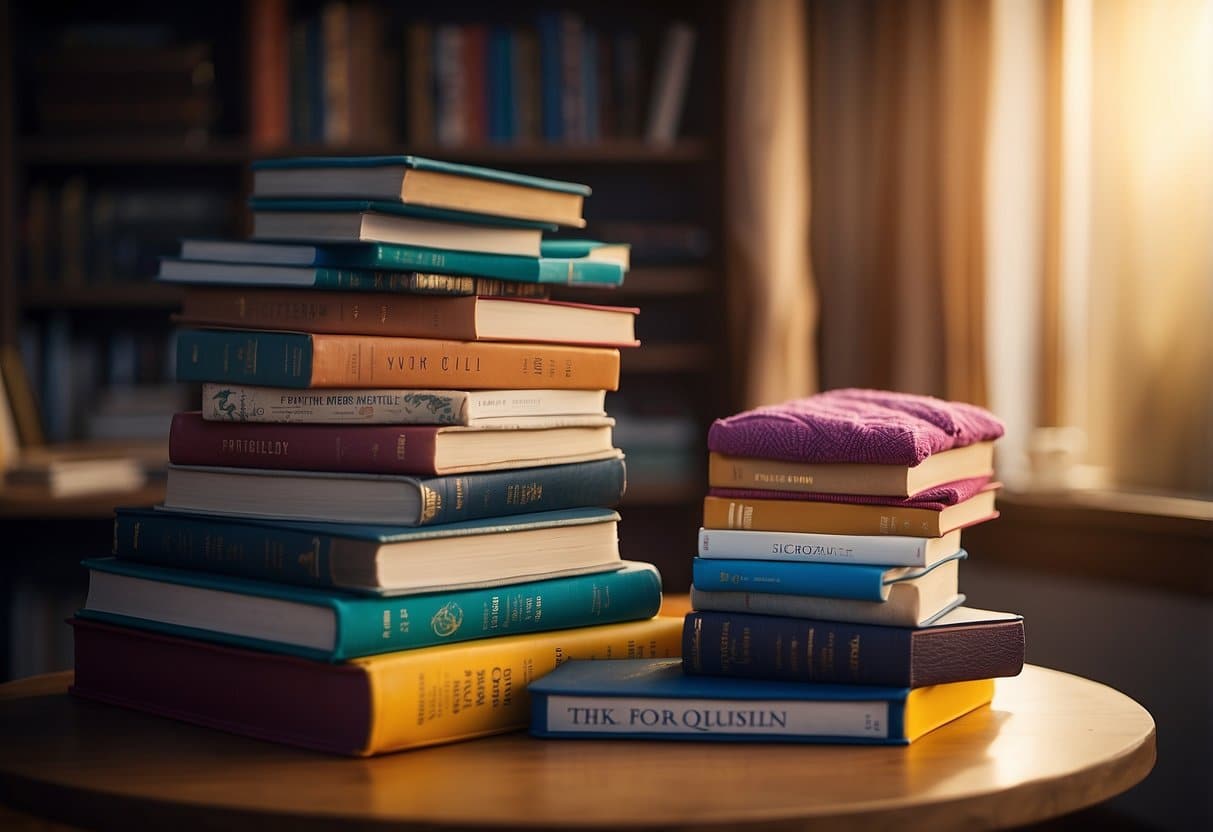 A colorful stack of 10 books with vibrant covers, ranging from adventure to fantasy, sits on a cozy reading nook with a soft blanket and a plush pillow