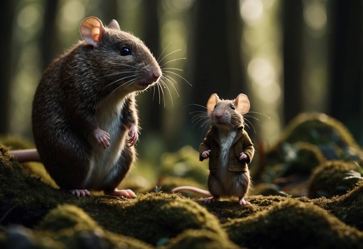 A deep, dark forest with tall, looming trees. A small mouse stands confidently in front of a large, fearsome creature known as the Gruffalo