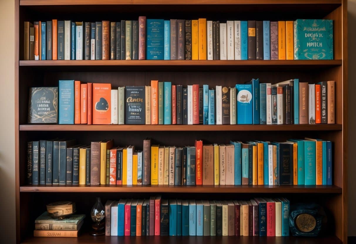 A colorful bookshelf with 10 vibrant books, each with engaging titles and illustrations, displayed in a cozy reading nook