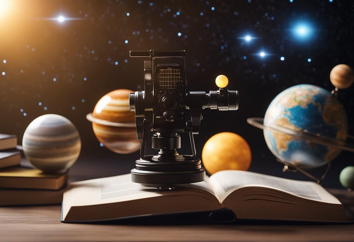 A solar system model with colorful, rotating planets orbiting around a bright, glowing sun. A telescope and books on space sit nearby