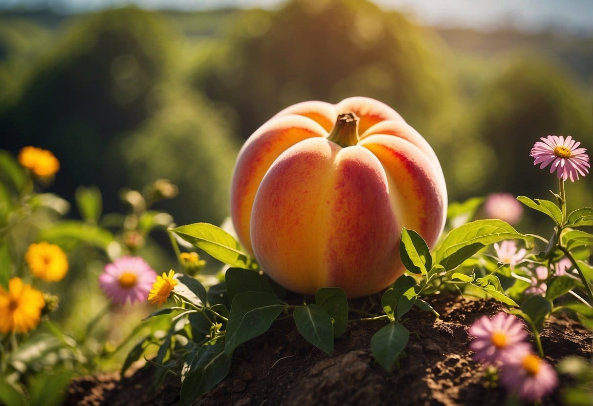 A giant peach sits atop a hill, surrounded by lush greenery and colorful flowers. The sun shines down, casting a warm glow over the scene