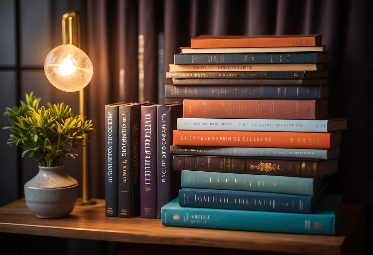 A colorful stack of 10 books with diverse genres and vibrant covers, arranged on a cozy reading nook with a comfy chair and a warm lamp