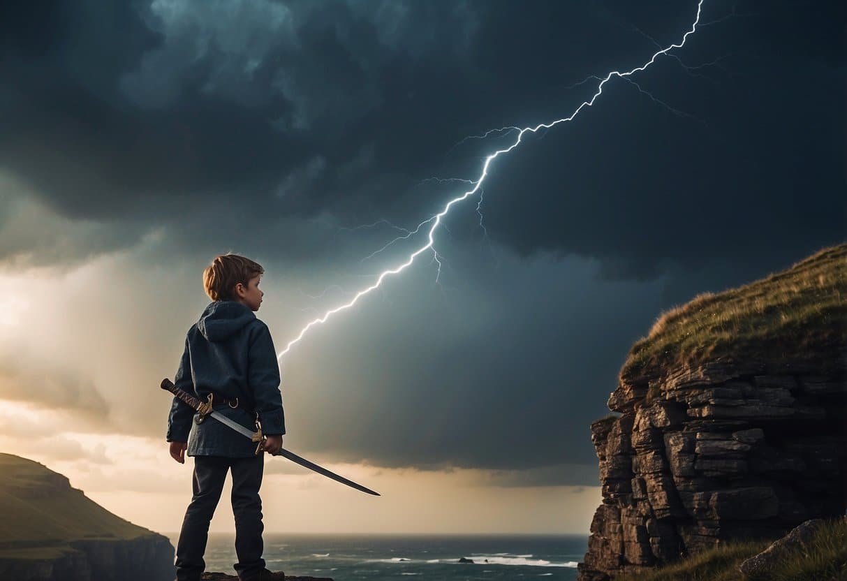 A young boy stands at the edge of a cliff, staring out at a stormy sea. Lightning crackles in the sky as he clutches a sword in his hand