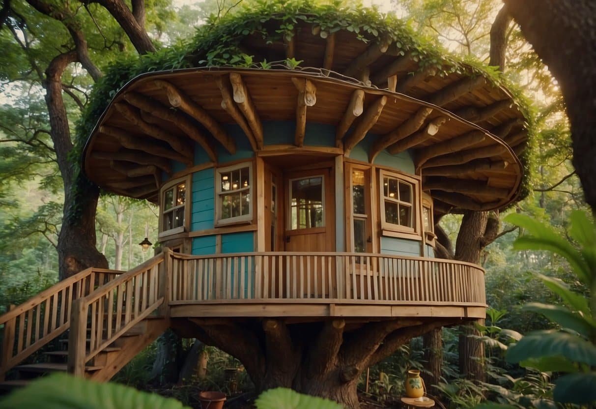 A magical tree house stands tall in a lush forest, surrounded by colorful books and adventurous objects. A sense of wonder and excitement fills the air