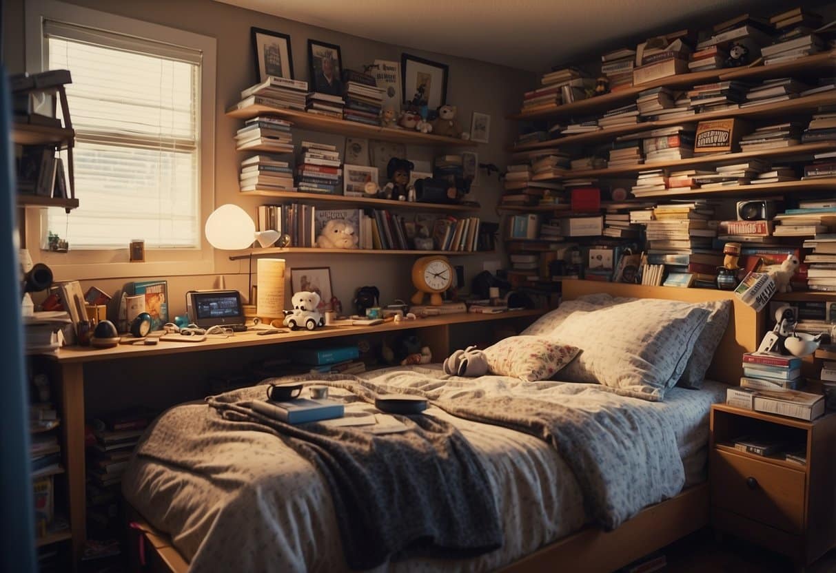 A cluttered bedroom with a messy bed, scattered toys, and a shelf of books, including "Diary of a Wimpy Kid" by Jeff Kinney