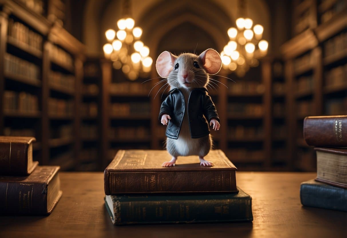 A tiny mouse stands bravely in a grand castle's library, surrounded by towering bookshelves and a glowing chandelier. A worn leather book lies open on a table, its pages filled with enchanting tales