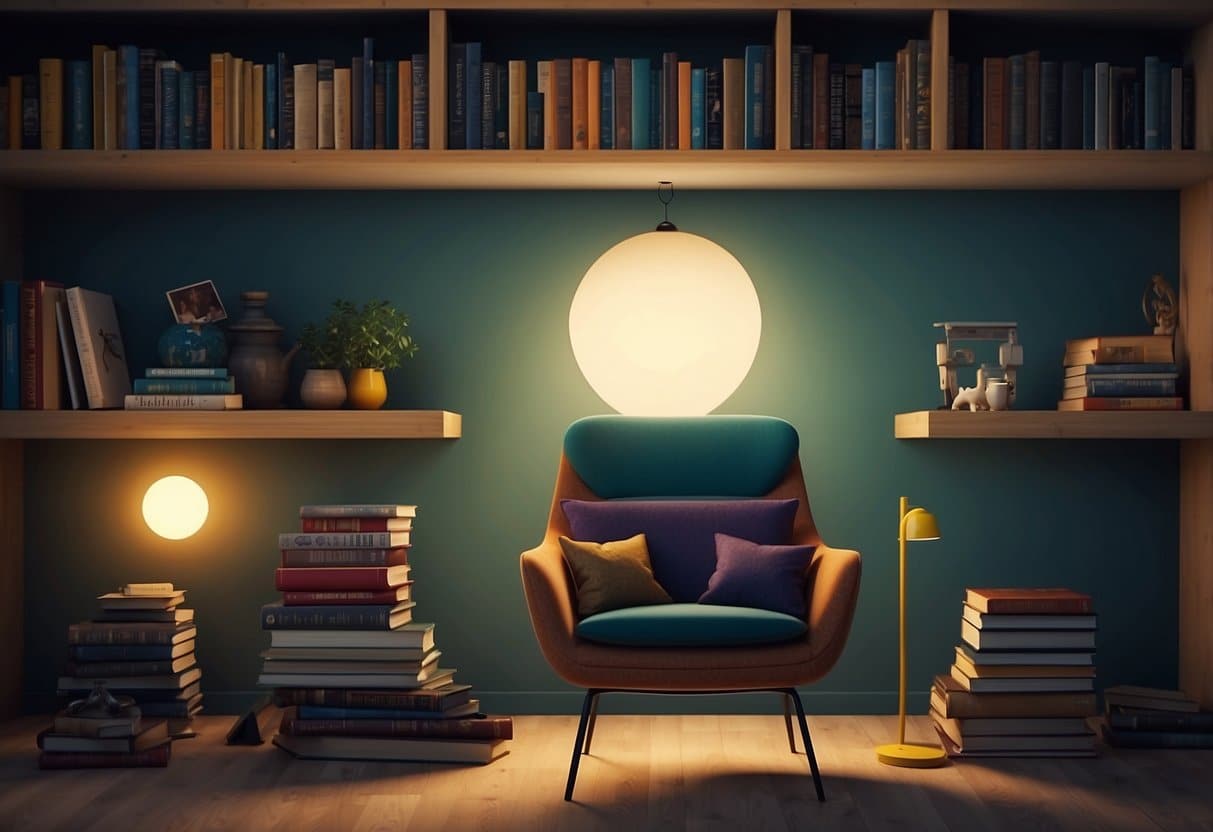 A colorful bookshelf with 10 books featuring diverse genres and vibrant covers, surrounded by a cozy reading nook with a bean bag chair and a warm reading lamp