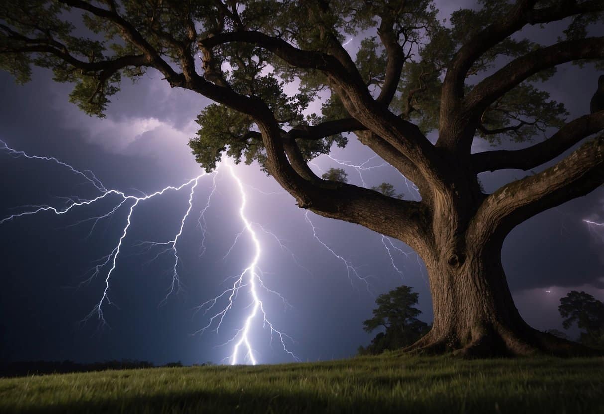 A lightning bolt strikes a towering oak tree, splitting it in half. The sky is dark and stormy, with flashes of lightning illuminating the chaos
