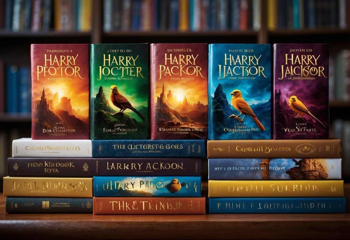 A stack of colorful books arranged on a shelf, with titles like "Harry Potter" and "Percy Jackson," suitable for 10-year-old readers