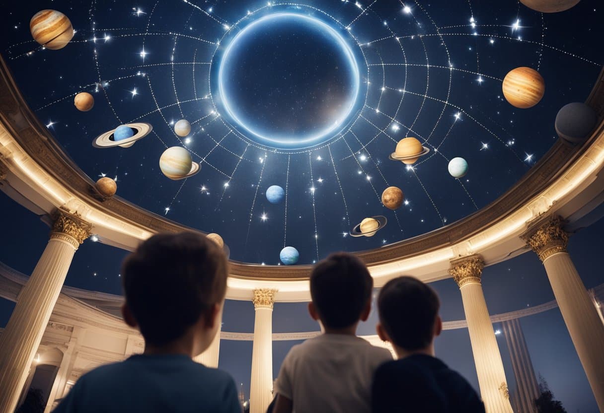 Children gaze at a domed ceiling, stars twinkling above. Planets orbit a central sun, while a guide points out constellations. Models and interactive displays engage curious minds