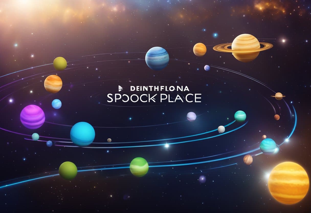 The Space Place app logo floating in space with colorful planets orbiting around it