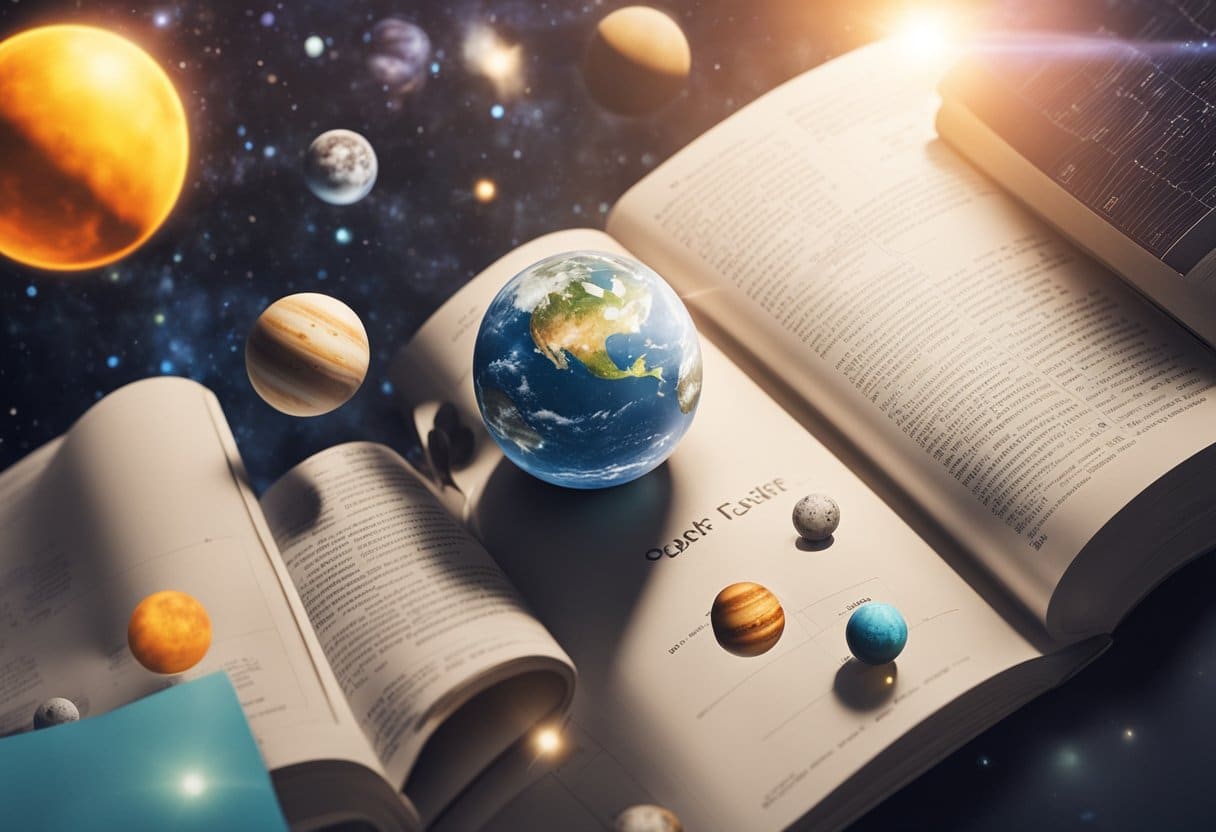 A colorful solar system with labeled planets orbiting a bright sun, surrounded by educational materials and books on teaching about planets