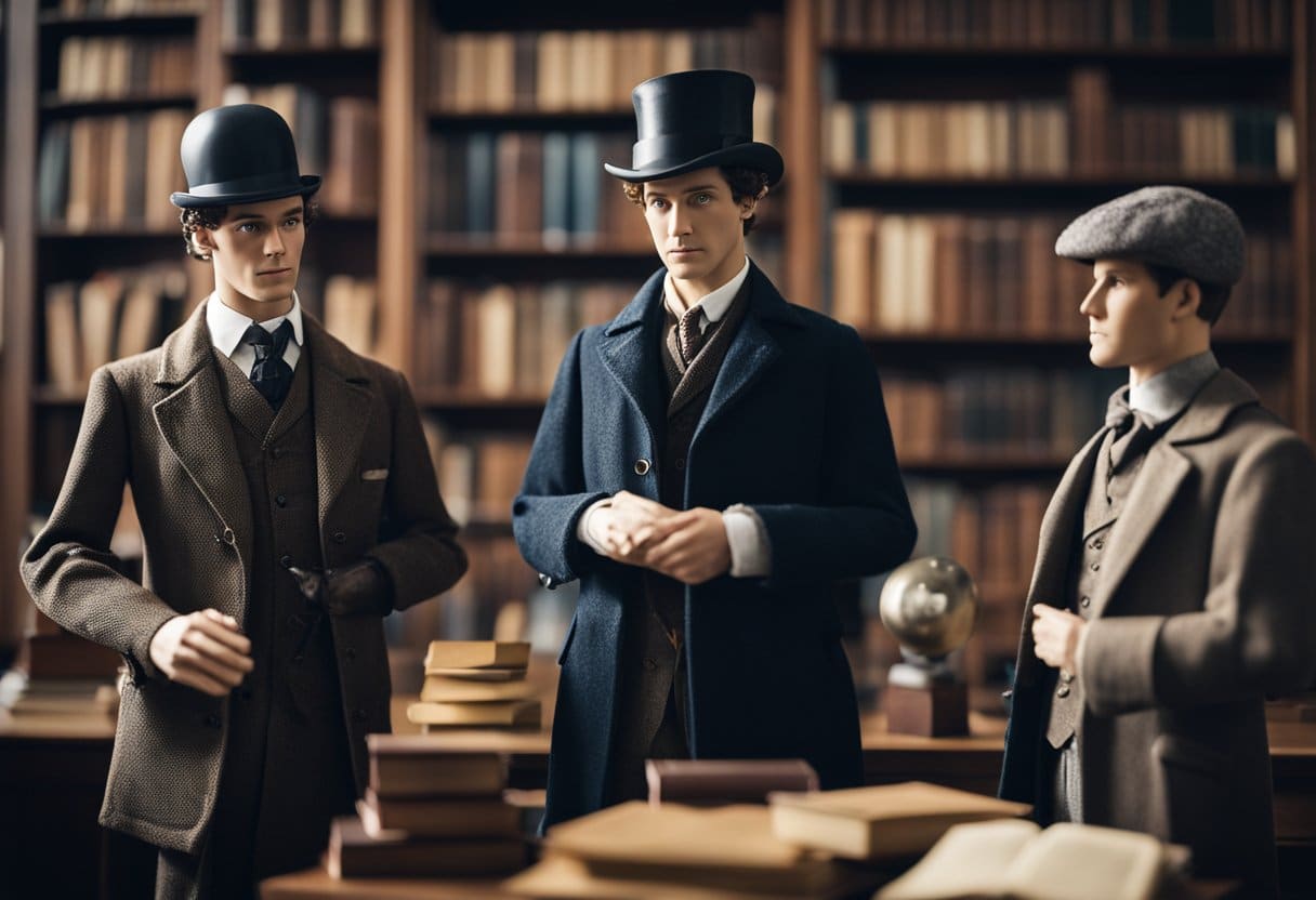 Sherlock Holmes costumes displayed on mannequins in a classroom setting, surrounded by books and educational materials