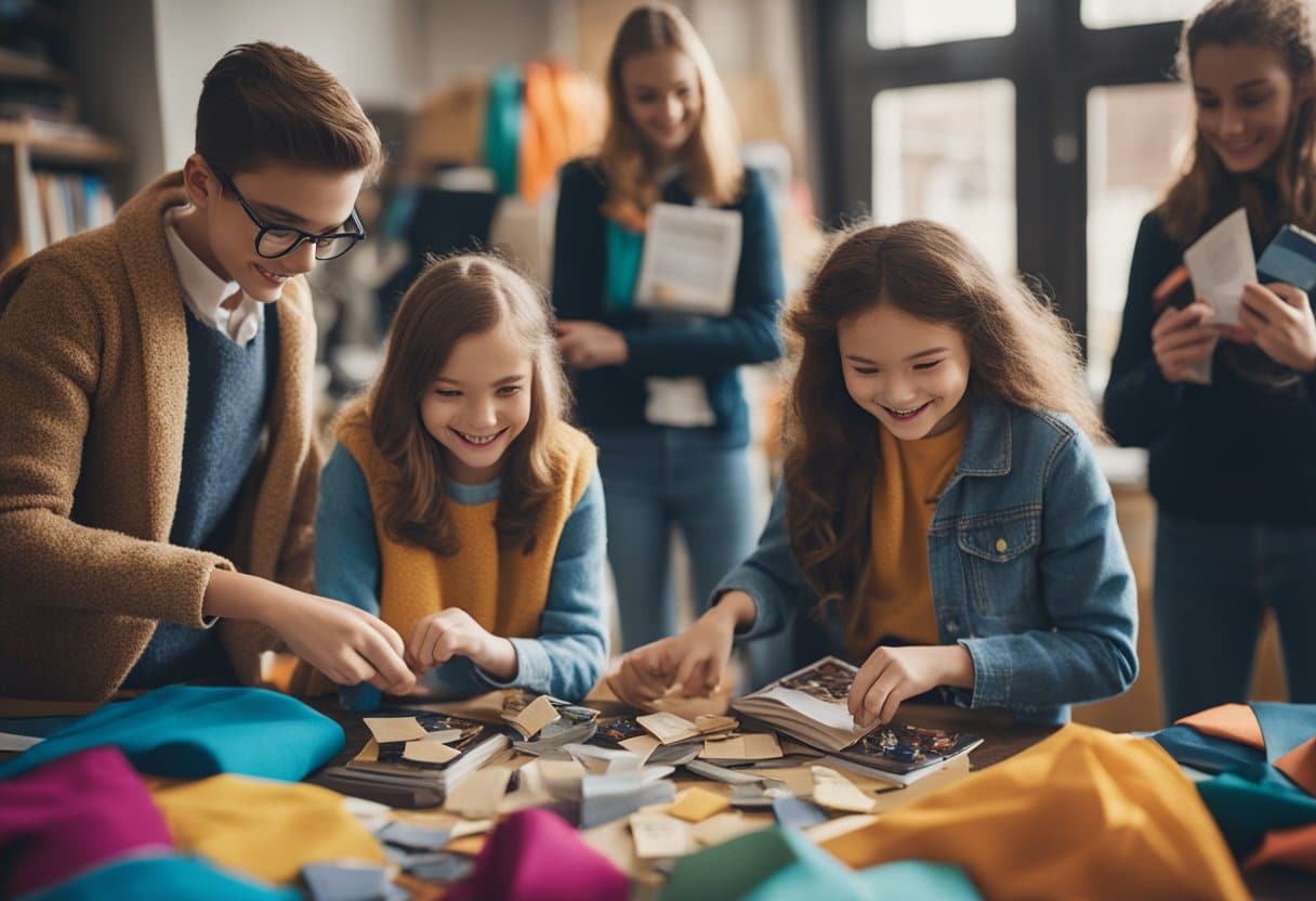 Students eagerly selecting and assembling costumes for World Book Day, surrounded by colorful fabrics, books, and creative props