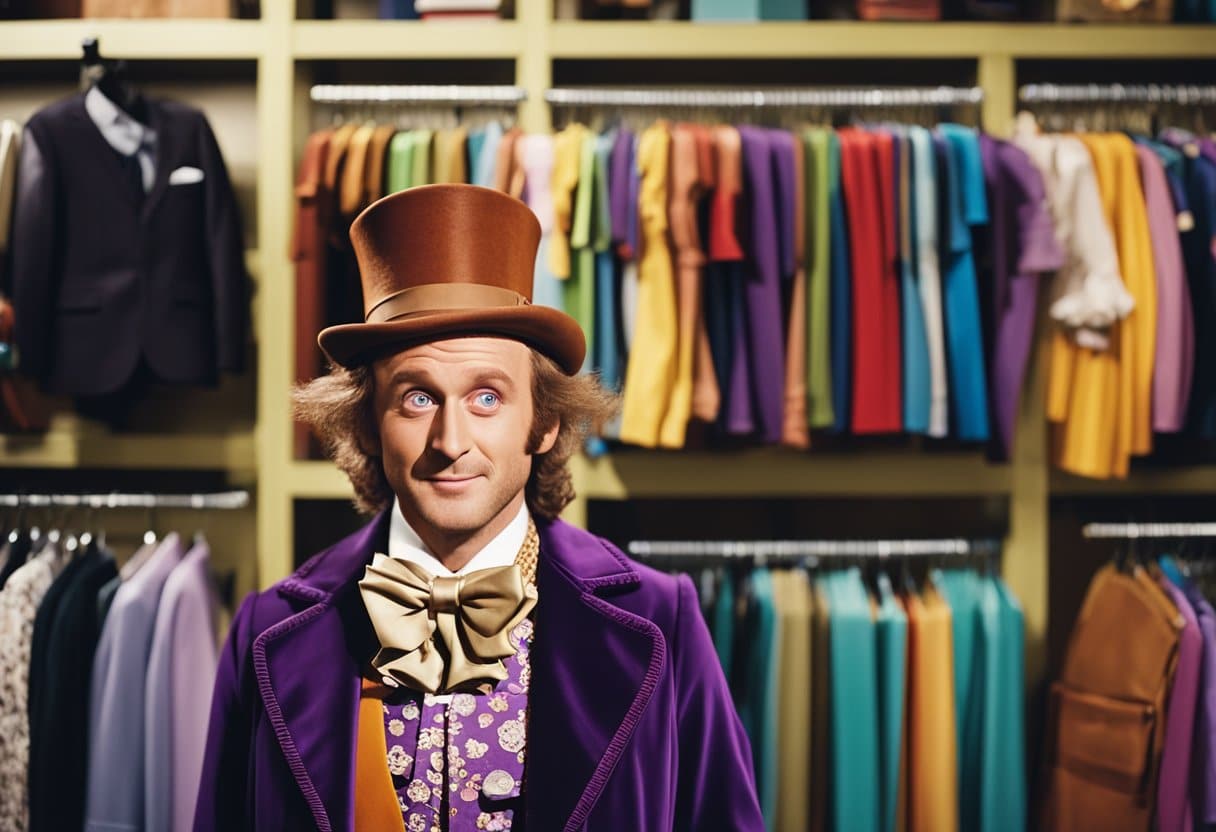 Willy Wonka costumes displayed on hangers, surrounded by colorful books and props