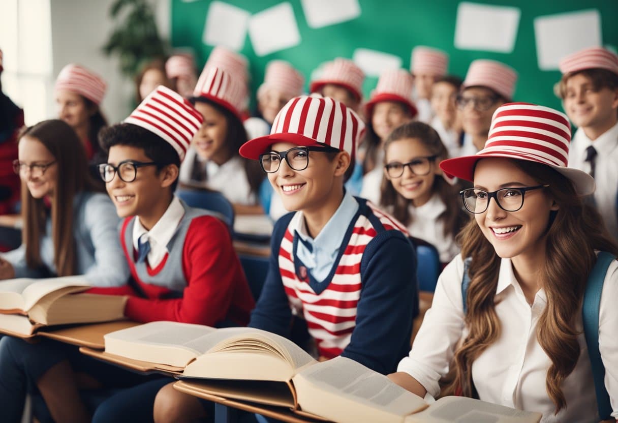 A classroom filled with teachers wearing Where's Wally costumes, surrounded by excited students holding books