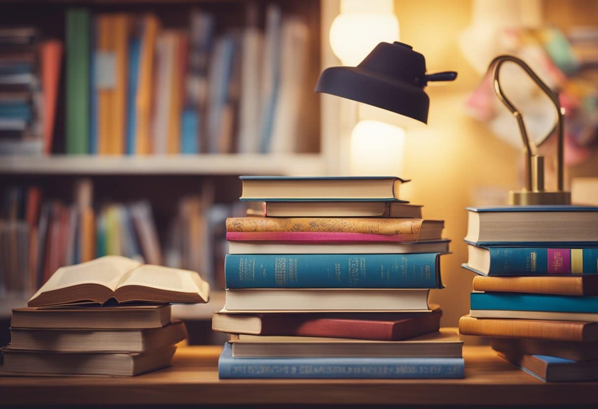 A stack of colorful books arranged on a table, surrounded by children's drawings, a reading lamp, and a cozy armchair