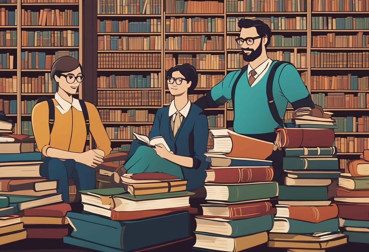 Teachers in colorful book-themed costumes gather in a library, surrounded by stacks of books and literary characters, holding open books and engaging in animated discussions