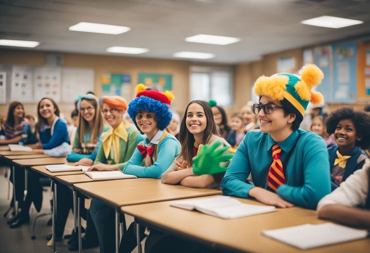 A classroom filled with teachers wearing colorful and creative World Book Day costumes, ranging from classic literary characters to modern favorites