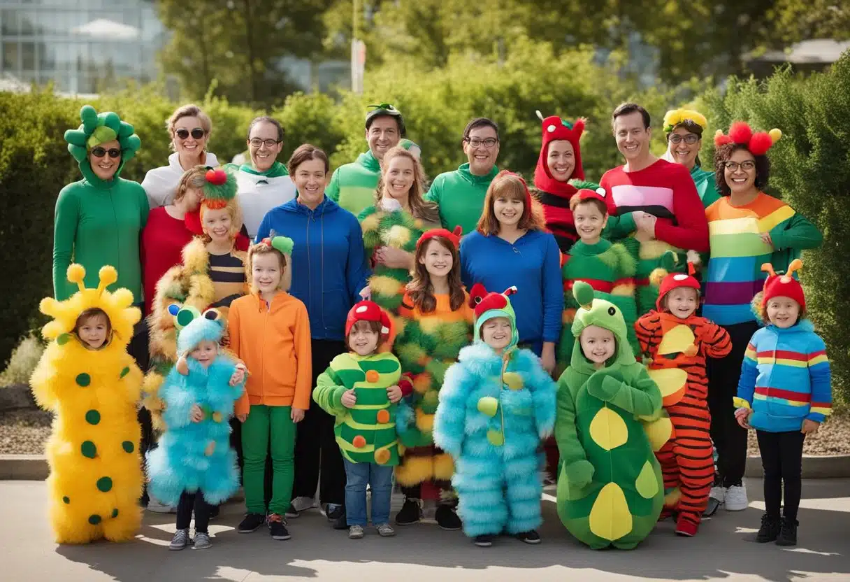 A colorful caterpillar costume surrounded by 10 different teachers dressed as characters from "The Very Hungry Caterpillar" for World Book Day