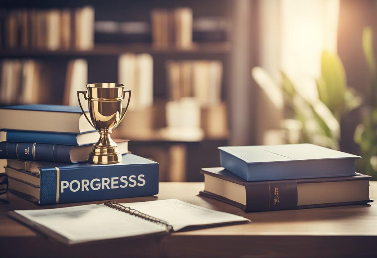 A student's desk with a calendar marking progress, a stack of books, a trophy, and a motivational poster on the wall