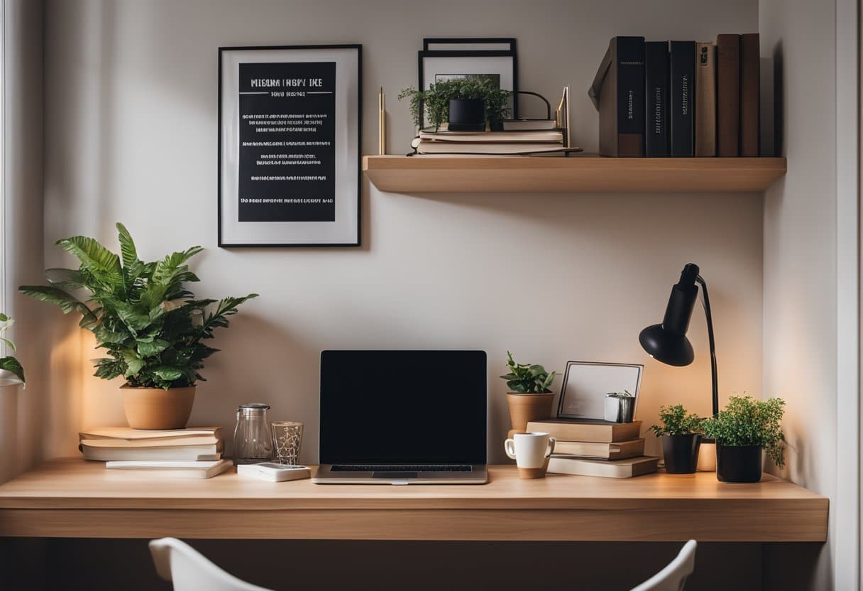 A cozy study nook with a large desk, organized bookshelves, soft lighting, a comfortable chair, motivational quotes on the wall, a plant, and a cup of tea