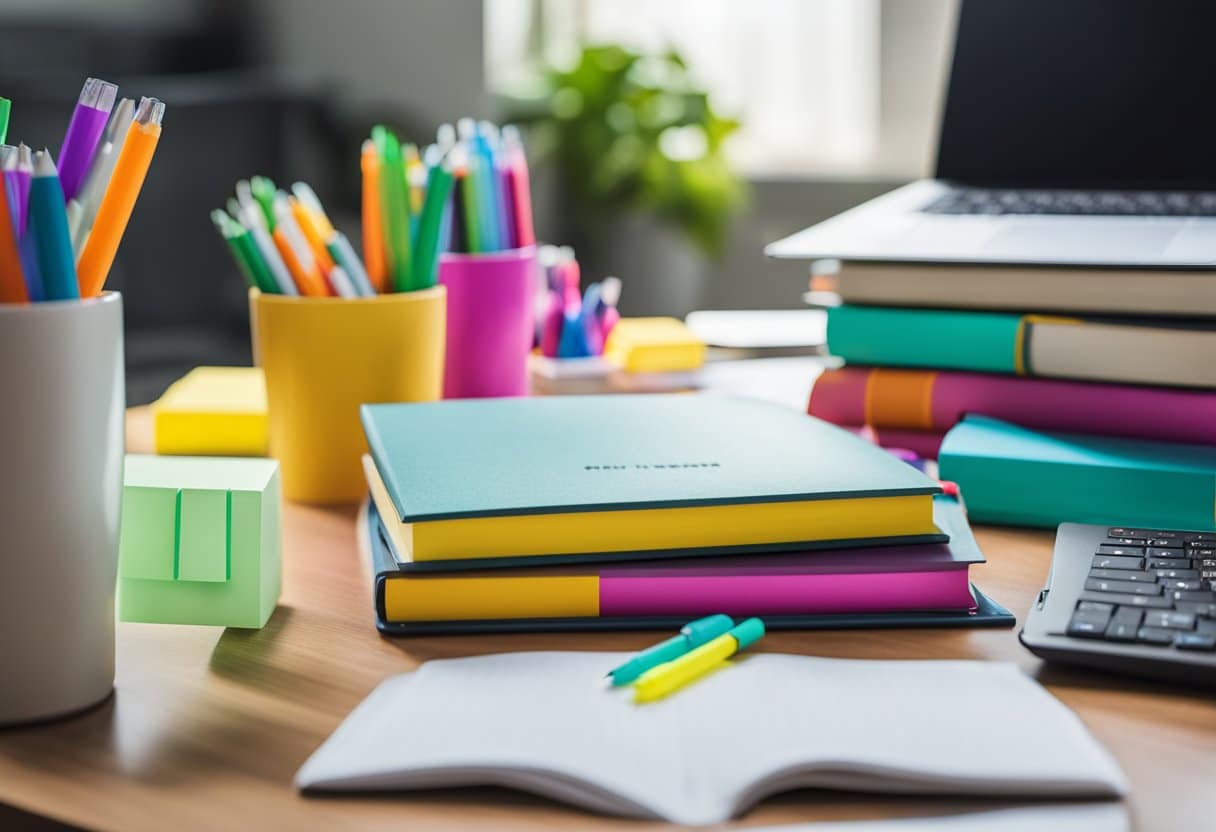 A group of books and study materials arranged neatly on a table, surrounded by colorful pens, highlighters, and sticky notes. A laptop open to a study guide, with a motivational quote pinned to the wall